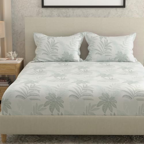 Image of Huesland by Ahmedabad Cotton 144 TC Double Bedsheet Cotton with 2 Pillow Covers | Mosy Sage, Olive Sage & Pale Sage