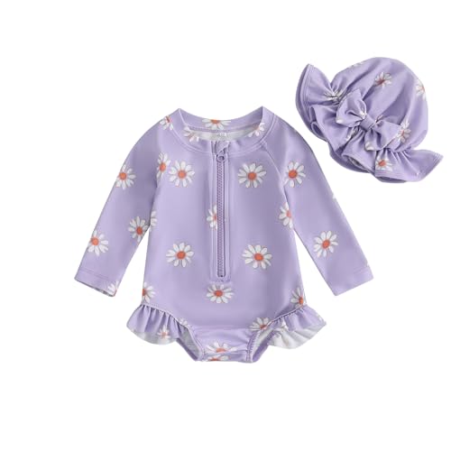 YILEEGOO Toddler Baby Girl Swimming Costume with Hat Long Sleeve Zip Up Floral Ruffle Swimsuit Girls One Piece Swimwear Bathing Suits Summer Beachwear (Purple, 9-12 Months)