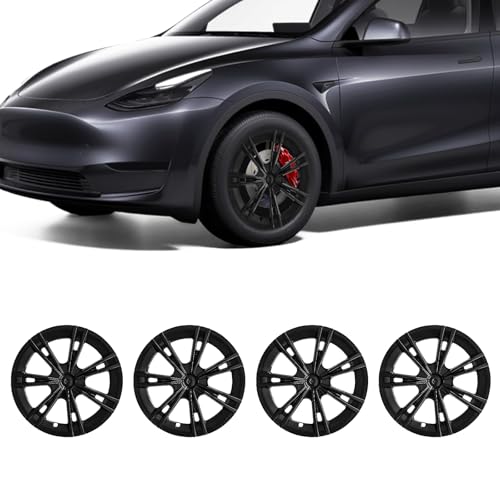 GrJyls Wheel Covers for Tesla Model Y Wheel Covers, 19 Inch Wheel Cover Hubcaps Compatible with Tesla Model Y 2024 2023 2022 2021 Black Hubcaps（4 Pcs） (Style A)