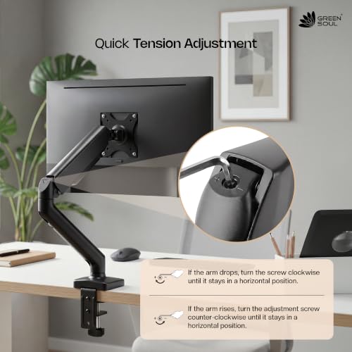 Image of Green Soul Single Monitor Gas Spring Stand|Fits 13-32 inch Screen|9Kg Weight Capacity|Height Adjustable Desk Mount, VESA Plate, Grommet & C-Clamp Base|Monitor Riser for Desk|Tilt, Swivel & Rotation|Black