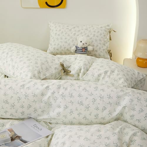 Image of Full Size Comforter Set Vintage Floral Comforter Bedding Set, Aesthetic Coquette Botanical Green Flowers Comforter with 2 Bow Ties Pillowcases, Lightweight Cottagecore Comforter Set for All Season