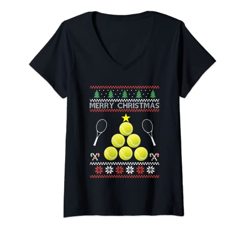 Femme Merry Christmas Balles de tennis pour sapin de Noël T-Shirt avec Col en V