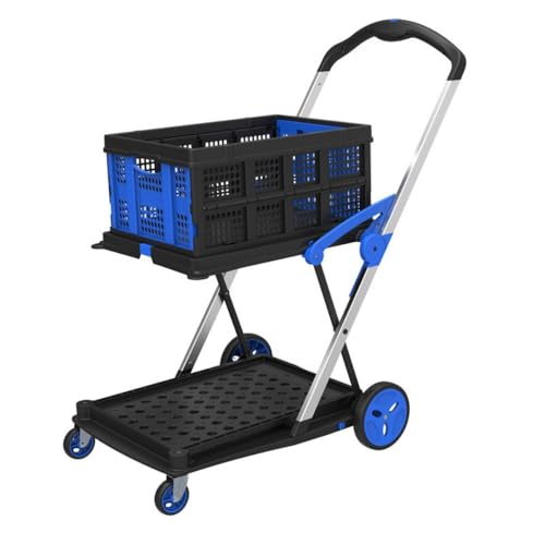 TZZT 台車 静音 折りたたみ 2段 カート コンテナ付 キャリーカート コンテナカ ート 4輪 業務用カ ート コンパクト ストッパー コンテナ かご 付き ショッピングカー ト 総耐荷重70kg 大型キャスター 2段台車 ブラック (青と黒,99*6