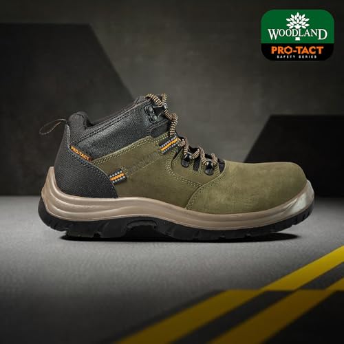 Image of Woodland Armour Nubuck Leather Safety Shoes for Men | Oil Resistant Safety Shoe with Anti Slip Grip | Lightweight, Antistatic PU Double Density with Composite Toe | Olive Green (6 UK, 40 EU)