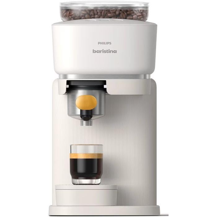 PHILIPS Baristina - Macchina per caffè espresso reale, made simple, macchina da caffè compatta, bianco naturale con portafiltro giallo mango, pressione pompa 16 bar, macinino automatico, Cafe Crema