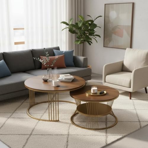 Image of RIZIK Store Iron Frame Handmade 20.5 inch x 20.5 inch Round Coffee Table /Nesting Table /Side Table /Center Table with Engineered Wood Top for Living Room /Drawing Room /Balcony (Brown Gold)
