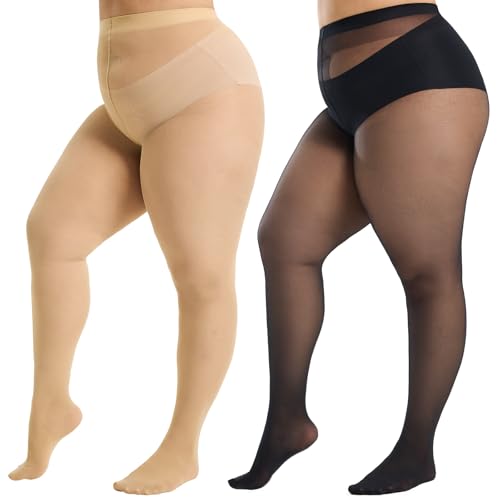 Image of WiliW 2 Pairs Plus Size Tights for Women, 40D Sheer to Waist Sheer Pantyhose
