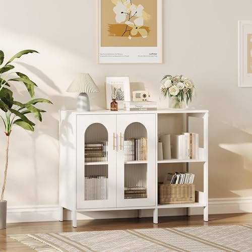 GarveeHome Glass Door Sideboard Cabinet, Modern Storage Buffet with Metal Handles & Adjustable Shelves, Solid Wood Frame Display Cabinet for Living Room, Dining Room, Kitchen, Entryway, White