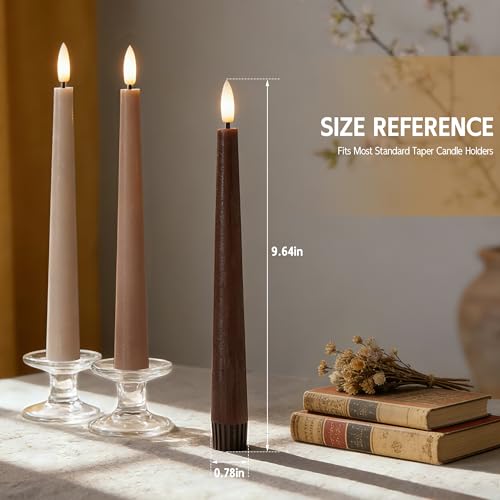 Image of Brown Flameless Taper Candles with Remote, 9.6 Inches Real Wax Battery Operated Candles, 3 Pack Flickering LED Candlesticks, Tall Taper Fake Candles for Home, Wedding, Party