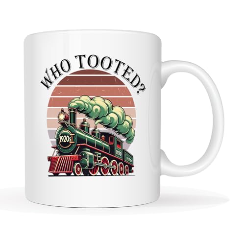 This Vintage 1920s 'Who Tooted?' Steam Train Coffee Mug 11oz - Funny Retro Design for Train Lovers, Dad Jokes Fans & Model Railroad Collectors, Dishwasher Safe