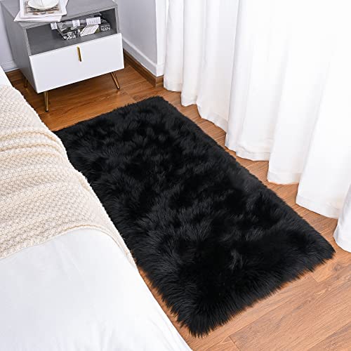 Benron Faux Fur Area Rug - 2' X 3' Black Fluffy Rug Washable Sheepskin Rug White Fur Rug Ultra Soft Chair Seat Covers Throw Rug Pads Small Rugs For Bedroom Living Room Fireplace Decor #TOP5