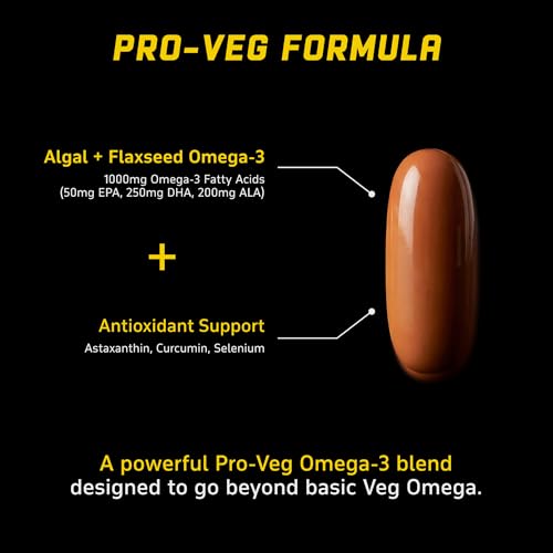 Image of YouWeFit Pro-Vegetarian Omega 3 Capsules 1000mg 60 Capsules | 250mg DHA 200mg ALA & 50mg EPA | Algal Oil + Flaxseed Oil Formula | Astaxanthin Curcumin & Selenium | Heart Brain Joint & Recovery Support