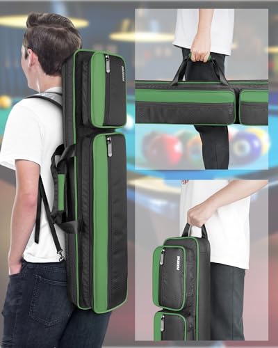PEKREWS Pool Cue Case, Pool Stick Case 4x5 with Multiple Pockets Holds 4 Butts 5 Shafts, Soft Padded Sturdy Pool Cue Bag, Billiard Cue Backpack with Adjustable Shoulder Straps for Men and Women