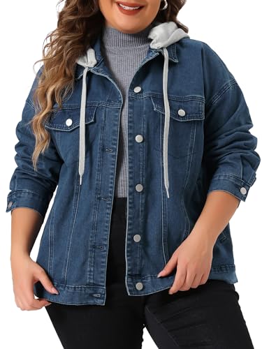 Agnes Orinda Women's Plus Size Denim Jacket with Detachable Hood Oversized Jean Shacket Jackets with Pockets
