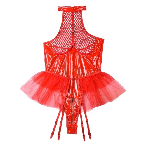 Pratiharye Premium Women's Wet Look Leather - Sexy Shinny Teddy One Piece - Metallic Halter Bodysuit - Zipper Crotch - Mesh Patchwork - Leotard Catsuit - Net Exposed - Ruffle Set