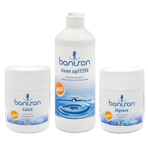 Banisan Sparset Alginex Clean up MAX Calcit Wasserpflege für Whirlpools SwimSpa Banisan-Set Wasserpflege Set Algendesinfektion Aktivsauerstoff + 2 Filterreinigungstabletten von Pfahler
