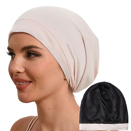 Hat Hut 100% Mulberry Silk Lined Sleep Cap Pure Silk Bonnet for Curly Hair Wrap Bonnet for Sleeping Slouchy Beanie for Men Women (AU, Alpha, One Size, Pink)