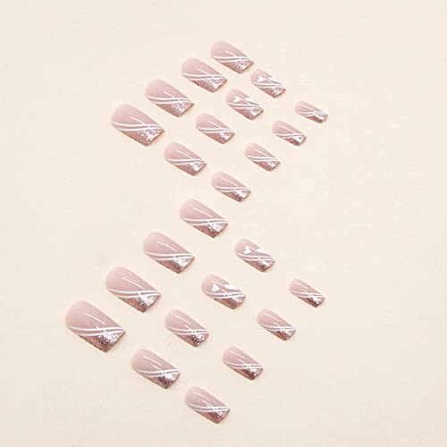 24Pcs Medium Square Press On Nails Glitter French Fake Nails Nude Pink Full Cover Stick On Nails Heart False Nails Exquisite Designs Stick On Acrylic Nails For Women Manicure Tips Decorations #TOP3