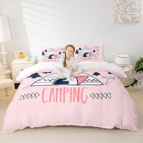 Happy Camping Campers Duvet Cover Queen, Tent Pines Bear Sketch Bedding Set, Happy Outdoors Natural Comforter Cover 3 Pcs for Kids Teens Adults Room Decor,Rustic Pink Quilt Cover with 2 Pillowcases