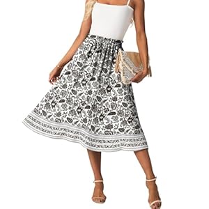 GRECERELLE Womens Summer Midi Skirts Boho Flowy Casual High Waisted Palazzo A-Line Skirt with Pockets & Adjustable Tie Belt