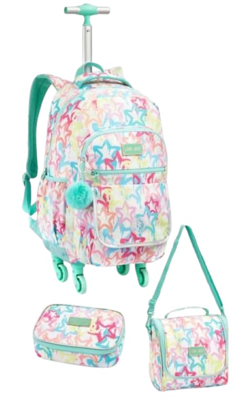 Kit Mochila Rodinha 360o Juvenil Feminino Escolar 3 Peças (Estrela)