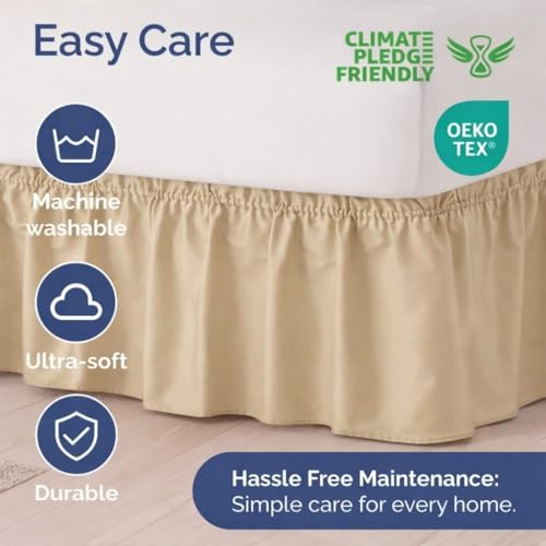 Image of Bed Skirt - Wrap Around Dust Ruffle Bed Frame Cover with Easy Fit Elastic Strap, Queen Size 24 Inch Drop, Microfiber Pleated, Machine Washable | Beige