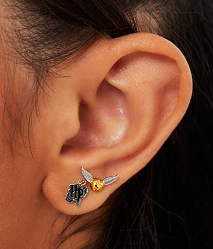 Harry Potter Gold Plated And Silver Plated Stud Earring Set, 2 Pair Two Tone Studs - Golden Snitch Gold And Silver Plated Studs, Hp Silver Plated Studs #TOP1