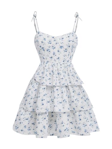 Girl's Summer Floral Dress Tie Shoulder Layered Ruffle Cami Dress Sleeveless Causal Short Dresses