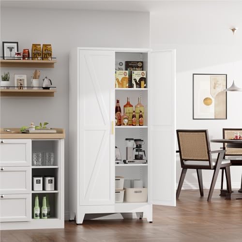 Image of Kitchen Pantry Cabinet with Barn Doors,61 inch H x 27.5 inch W,Metal Farmhouse Storage Cabinet with Adjustable Shelves,4-Tier Storage Cabinet for Kitchen Dining Room Garage Office,White 1 Pack