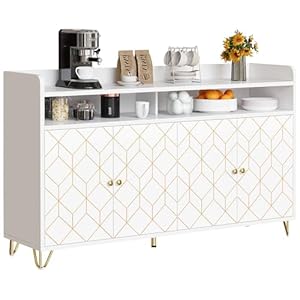 DWVO 59″ Modern Storage Cabinet, Sideboard Buffet Cabinet with Gold Trim, Coffee Bar Cabinet with 4 Doors and Adjustable Shelves 300 lbs Capacity for Hallway, Kitchen or Living Room, White