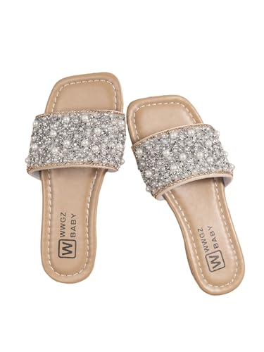 Image of GORGLITTER Girl's Pearls Dress Flat Sandals Glitter Rhinestone Summer Open Toe Teens Slides