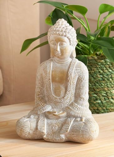 Dekoleidenschaft Statuette décorative Bouddha calme en polyrésine, blanc cérusé, figurine de Bouddha en méditation