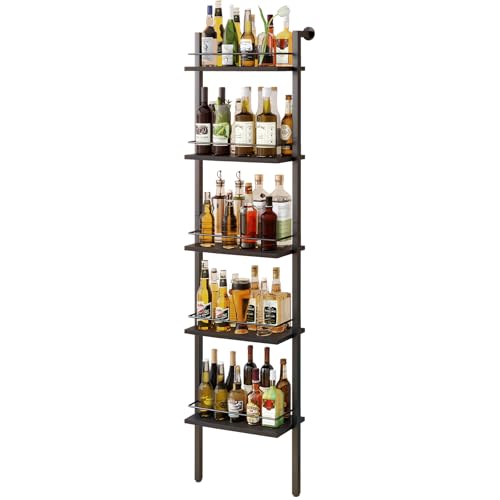 YMYNY 5-Tier freistehende Weinregale, Liquor Flasche Display Regal mit Zäunen, Wand montierte schwimmende Regal Lagerstand für Küche, Esszimmer, 43 x 20 x 177 cm Schwarz HWR001B