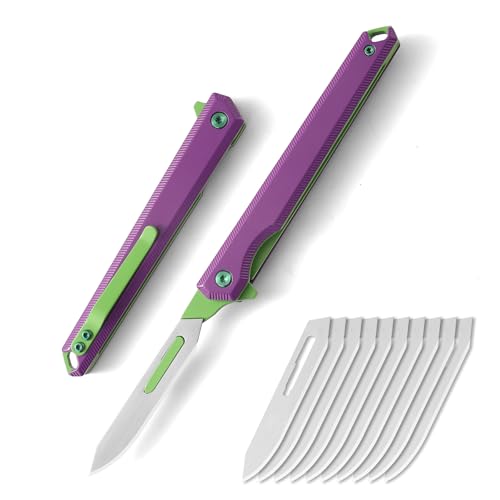 Folding Scalpel Knife Mini Slim Pocket Knife with 10pcs #60 Scalpels Replaceable Blades EDC Utility Knife with Liner Lock Pocket ClipIdeal Gifts for Men and WomenPurple & Green