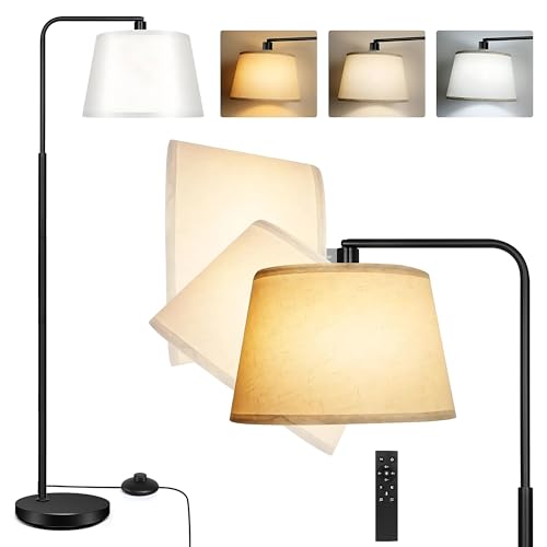 Nexso Modern Arc Floor Lamp for Living Room | Remote Foot Switch 3 Color Temperatures 9W E27 LED Bulb Matte Black Metal Body & Linen Shade Contemporary Tall Standing Lamp