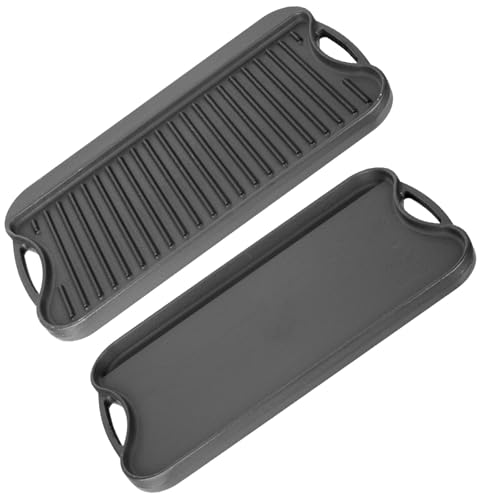 PETKAO Large Cast Iron Griddle Insert, Skillet, Oblong Grilling Pan for Stovetop,Pre-Seasoned Stovetop Griddle Gas Stove Grill Plate Oven, 17" x 10" Reversible Pancake Pan for Weber,Charbroil etc.,1PC by PETKAO - Used condition - US$31.99