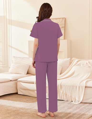Image of Ekouaer Women's 100% Cotton Pajamas Set Short Sleeve Button Down Pjs 2 Piece Soft Sleepwear with Long Pants Lounge Set