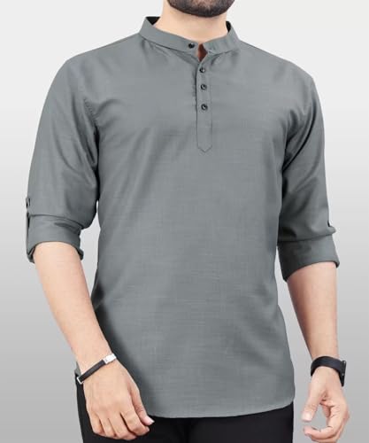 Image of DEEMOON Men's Regular Fit Solid Sprad Collar Casual Shirt with a Trendy Mandarin Collar Crafted from a Premium Cotton Blend