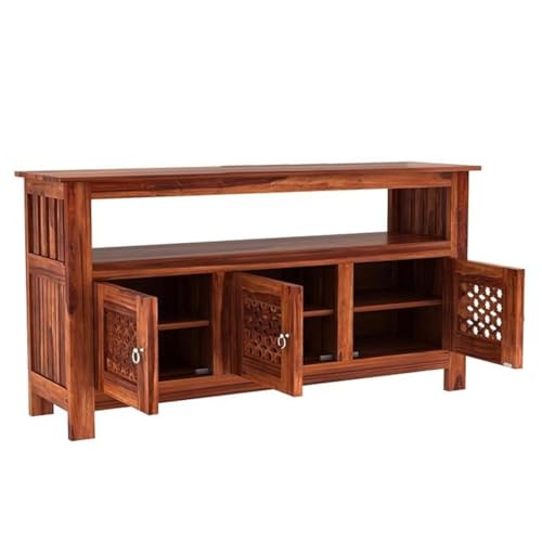 Image of Amazon Brand - Solimo Solid Sheesham Wood Jharokha Sideboard Cabinet with 3 Doors & 1 Open Shelf | Multipurpose Wooden Storage Organizer for Living Room, Bedroom, Kitchen, Office (Honey Finish)