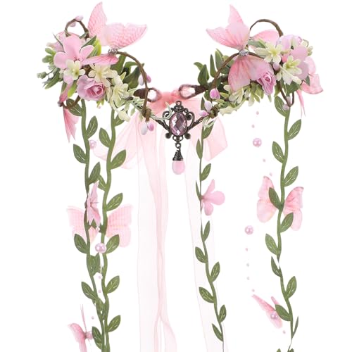 MOSTORY Elfen Diadem Feenkrone für Faschingskostüme Damen, Rosa Blumen Kopfschmuck mit Schmetterling und Rebe für Waldfee Accessoires Karneval Cosplay Party