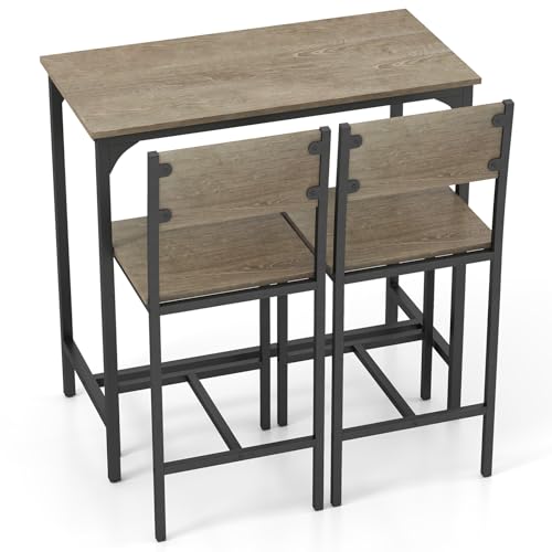 COSTWAY Dining Table Chairs, 3 Piece Metal Frame Kitchen Counter Furniture Include 1 Table and 2 Chairs, Home Office Living Room Breakfast Bar Table Set (Grey, with Footrest)