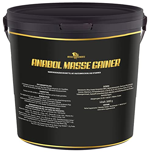 Anabol Masse Gainer - 3kg Eiweiss Protein Pulver | Erdbeer Proteinpulver mit Aminosäuren | Whey Protein Pulver zum Abnehmen & Muskelaufbau
