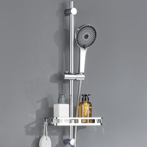 Duschstange Komplettset ohne Duscharmatur, mit ohne Bohren Ablage, 5-fach Handbrause-Höhenverstellbarer, Edelstahl Schlauch, 70cm Duschsystem mit Duschbrause für Kabine/Badewannen, ohne Regendusche