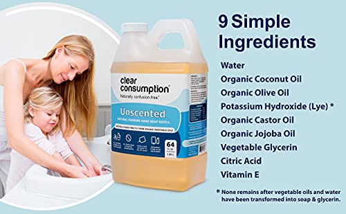 Clear Consumption All Natural Unscented/Fragrance Free Plant-Based Foaming Hand Soap Refill - Made Directly From Organic Vegetable Oils, 64 Oz (1/2 Gallon) #TOP4