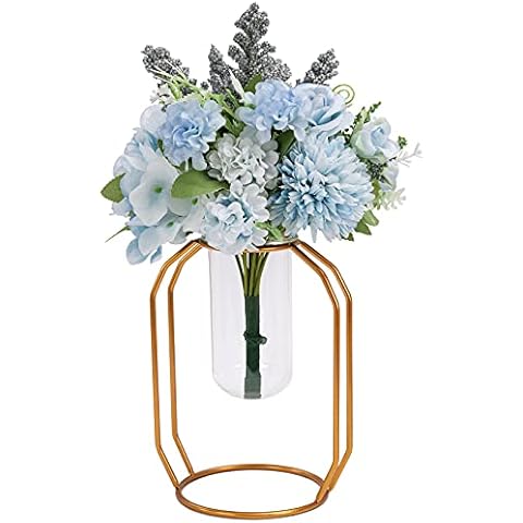 MOLIMAO Artificial Flowers with Metal Bracket and Glass Bottle, Fake Roses Peony Hydrangea Ping-Pong Chrysanthemum and Leaves, Suitable for Home and Office Decoration(Blue) Cover