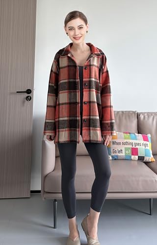 Minibee Women's Flannel Plaid Shacket Long Sleeve Jacket Button Down Shirts Coats with Pockets3