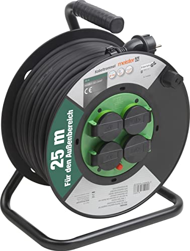 Meister Kabeltrommel H05RR-F3G1,5, IP44 - 25 m Kabel - Thermoschutz-Schalter - Outdoor / Kabelrolle mit 4 Schuko-Steckdosen / Kabelbox mit Verlängerungskabel / Leitungsroller mit Kurbel / 7436020