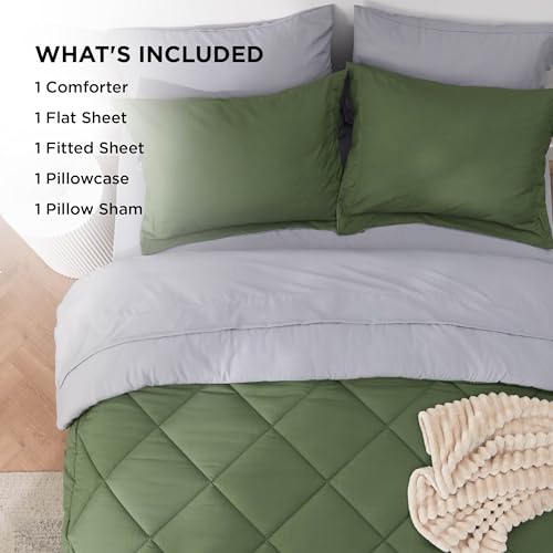 Image of Bedsure Twin Size Comforter Set - 7 Pieces Reversible Olive Green Bedding, Twin Size Bed Set for All Seasons, Bed in a Bag with Down Alternative Comforter, Sheets, Pillowcase & Sham