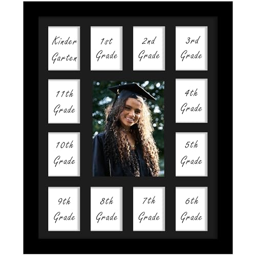 DUENPY 12x16 School Year Picture Frame K-12 Displays One 5x7 Photo and Twelve 2.5x3.5 Pictures Graduation Photo Collage Wall Hanging Collage School Picture Frame Black