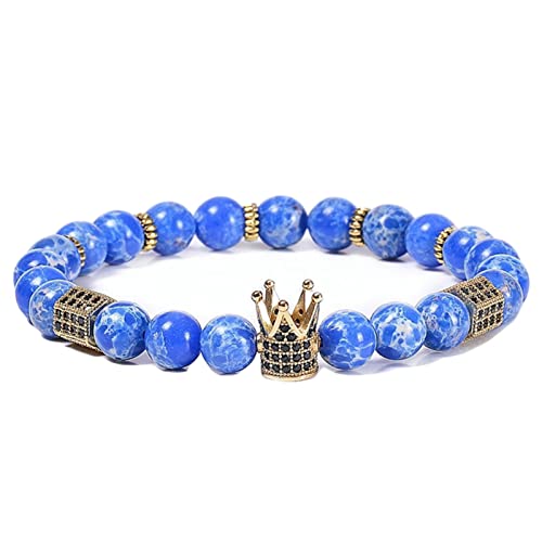 Bracelets de perles pour femmes en roche bleue 8 mm et finitions couronne raffinées